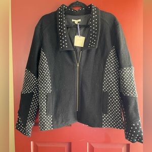 NWT Carson brand beautiful black 100% wool bedazzled zip up jacket